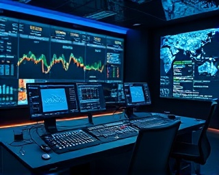 state-of-the-art media AI console, engaged, optimizing AI tools, photorealistic, futuristic control room with digital displays, highly detailed, cascading AI analytics, dynamic range, cool tones, spotlight effect, shot with a standard zoom lens.