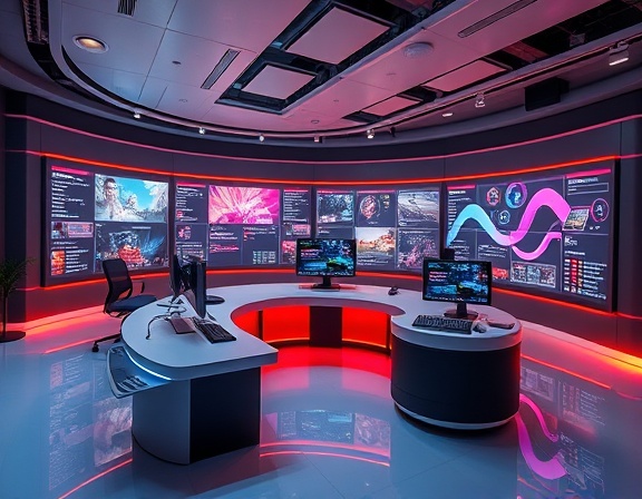 intelligent media AI station, intrigued, developing multimedia content, photorealistic, spacious creative space with interactive boards, highly detailed, flowing graphical animations, 8k resolution, deep shades, focused lighting, shot with a zoom lens.