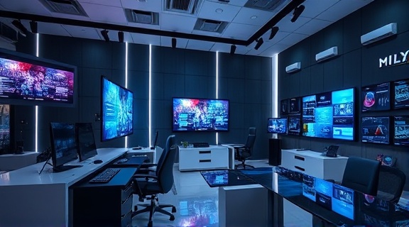advanced media solutions studio, focused, programming cutting-edge software, photorealistic, modern office environment with sleek furniture, highly detailed, interactive digital screens, 4k resolution, glossy finish, ambient lighting, shot with a macro lens.
