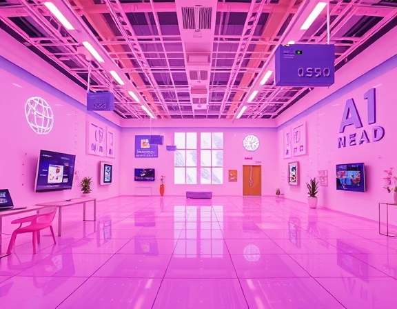 AI-powered media innovation lab, intrigued, simulating digital scenarios, photorealistic, virtual reality studio with interactive floors, highly detailed, floating AI constructs, ultra-clear, pastel colors, warm lighting, shot with a perspective lens.