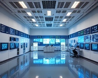 pioneering digital AI laboratory, excited, crafting digital environments, photorealistic, minimalist lab with holograms, highly detailed, glimmering data interfaces, cinema-quality, contrasting colors, reflective lighting, shot with a panorama lens.