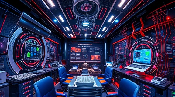 innovative digital AI workspace, inspired, designing algorithms, photorealistic, futuristic lab with holographic equipment, highly detailed, swirling data streams, ultra-high resolution, metallic hues, soft spotlighting, shot with a fisheye lens.