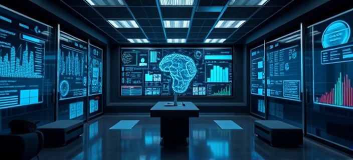 AI-driven media interface, thoughtful, running simulations, photorealistic, cyber-themed office with digital murals, highly detailed, dynamic information grid, high-resolution, monochromatic scheme, diffused lighting, shot with a tilt-shift lens.